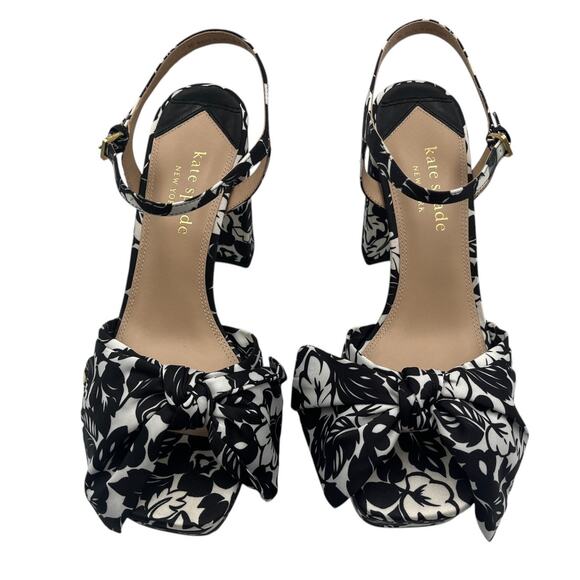 Kate Spade Lucie Tropical Foliage Silk Platform Heels Sandals Black White 9 - Picture 4 of 11